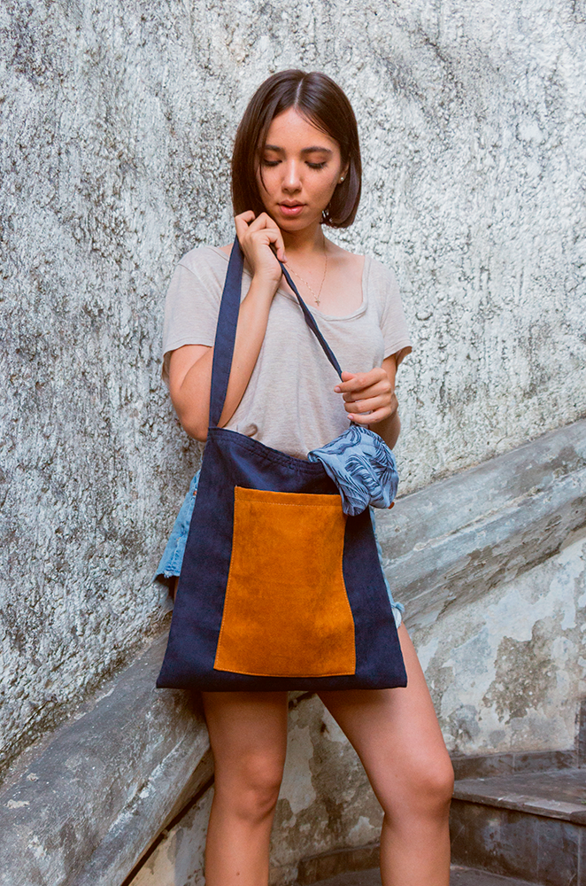 Navy suede tote bag sales