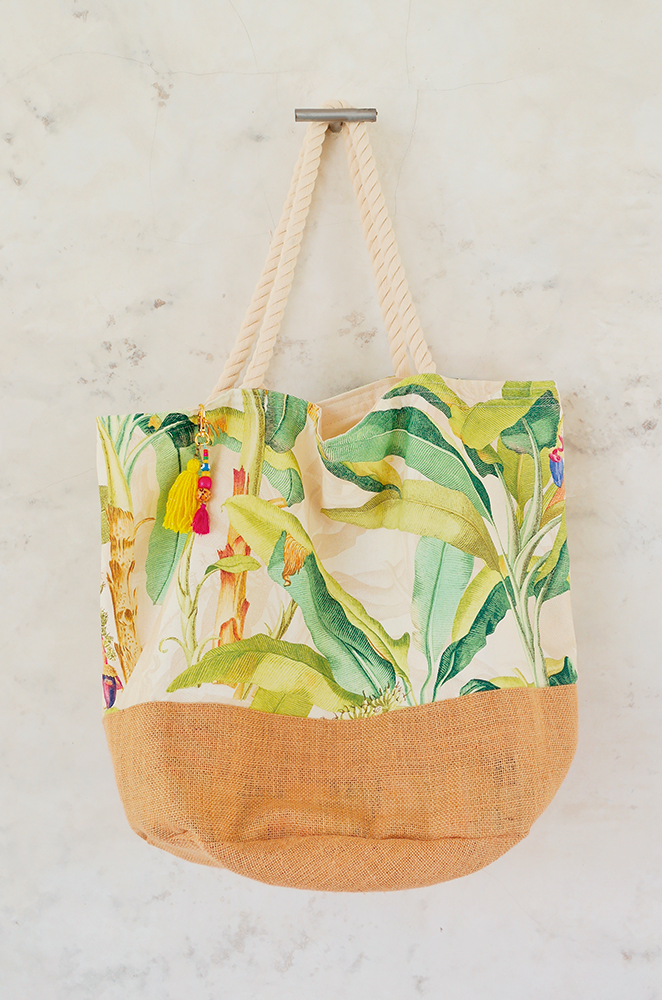 oversized beach bag with banana leaf print