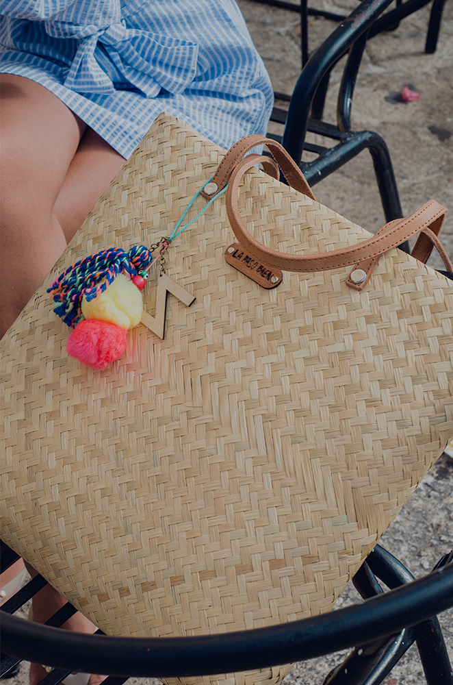 custom beach tote with pom pom charm