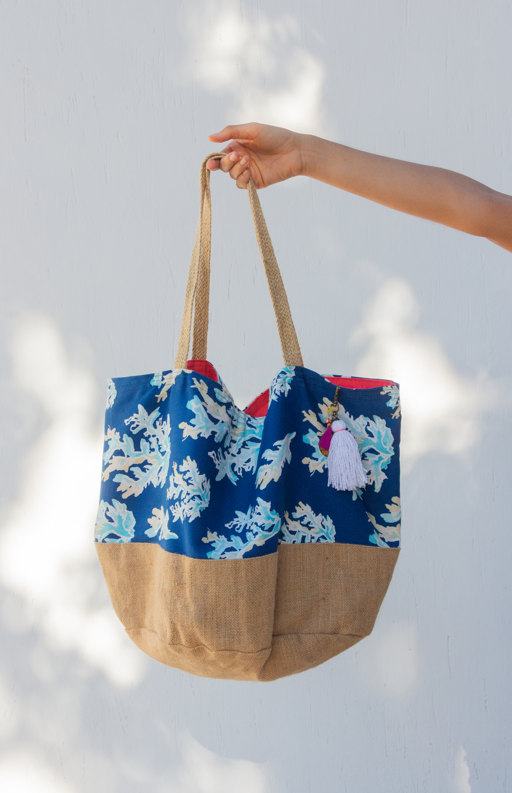 navy oversized beach bag made with cotton canvas and burlap