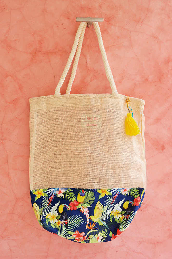 beach wedding welcome bags with tropical print