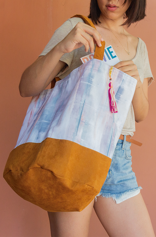 large vegan suede bag with pastel print fabric