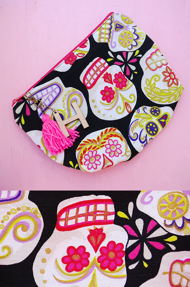 cosmetic bag personalized with day of the dead sugar skulls print