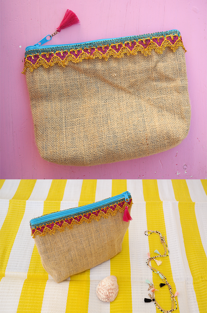 jute makeup bag with sparkly heart trim