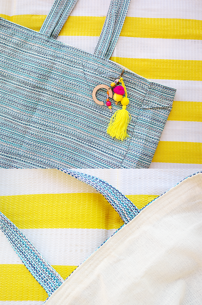 bridesmaid beach bag with pom pom and tassel keychain